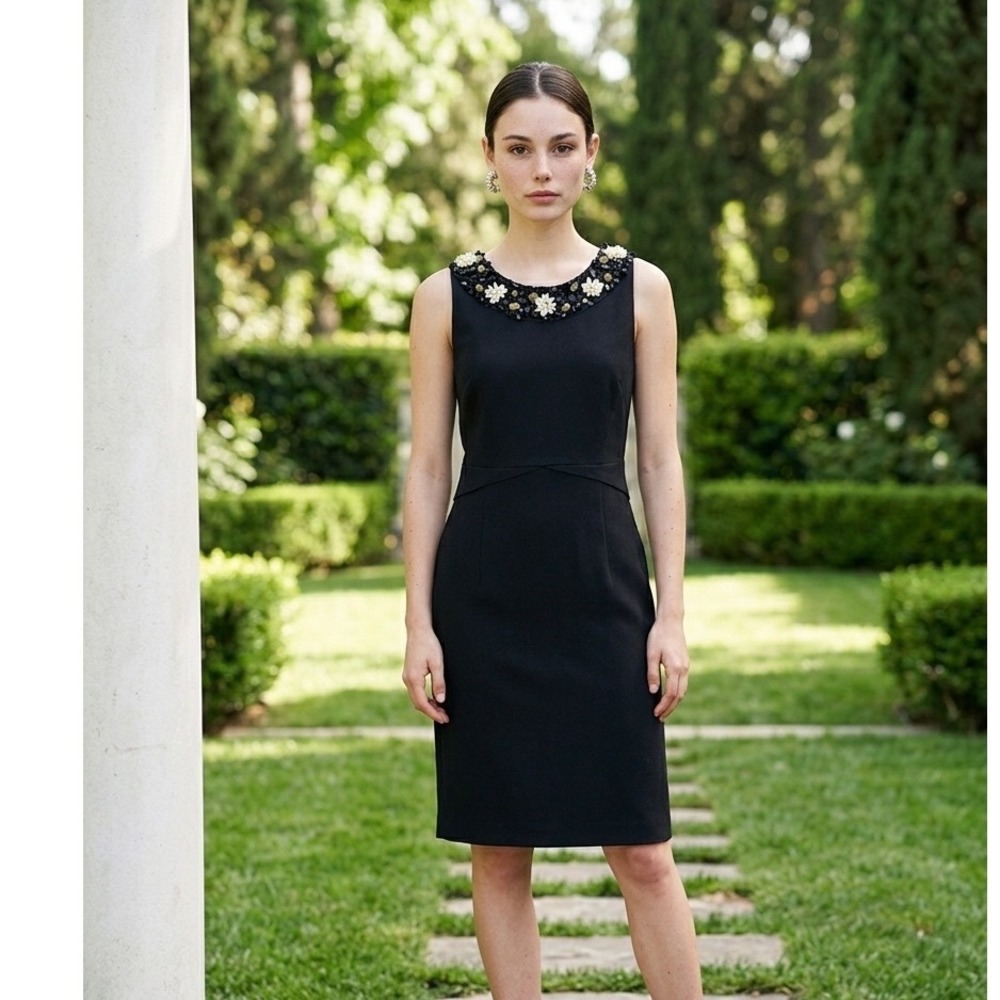 Boden Black Embellished Floral Pearl Beaded Sheath Dress WH284 US 10R Womens